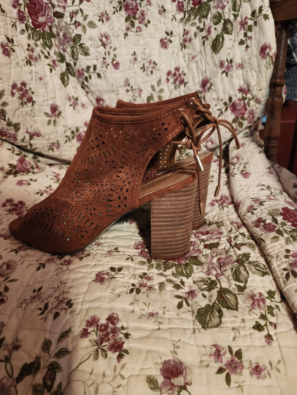 Brown Suede Peep-Toe Heeled Booties with Perforated Details - Picture 2 of 4
